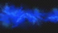 Blue smoke isolated on dark transparent background. Realistic blue magic mist cloud, chemical toxic gas, steam waves
