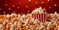 cinema food blue bucket classic film popcorn red background corn box. Generative AI. Royalty Free Stock Photo