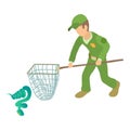 Blue snake icon isometric vector. Man in uniform with landing net near snake