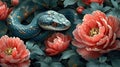 Blue snake and red peony flowers