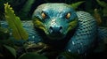 a blue snake with yellow eyes and a green head in the jungle. generative ai Royalty Free Stock Photo