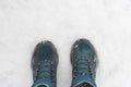 Blue sneakers on snow. A look from above. Sport shoes top view Royalty Free Stock Photo