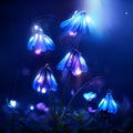 Blue snowdrop flowers in the forest at night. 3d illustration generative AI