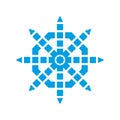 Blue snowflake. Pixel art and point style. Vector on white empty clean background.