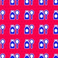 Blue Soap bubbles bottle icon isolated seamless pattern on red background. Blowing bubbles soap wand bottle. Vector Royalty Free Stock Photo