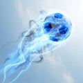 Blue soccer ball with blue fire trails in motion, isolated on white Royalty Free Stock Photo