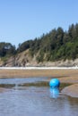 Blue soccer ball sits in one of the pools of the delta of a creek emptying into Smuggler Cove at Short Sand Beach on the Oregon