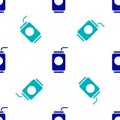 Blue Soda can with drinking straw icon isolated seamless pattern on white background. Vector Illustration Royalty Free Stock Photo