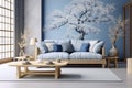 blue sofa architecture home modern interior furniture wall apartment room design. Generative AI. Royalty Free Stock Photo