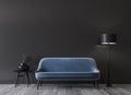 Blue sofa in dark modern interior design mockup, minimal home decor