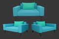 Blue sofa with green pillows for three views