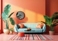 Blue sofa near orange wall Colorful pop art eclectic style interior design of modern living room. Created with generative AI Royalty Free Stock Photo