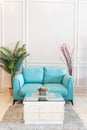 a blue sofa and small table and flower vase, against the backdrop of white walls and plants Royalty Free Stock Photo