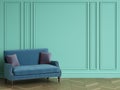 Blue sofa with violet pillows in classic interior with copy space