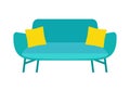 Blue soft stylish sofa for home and office on a white background. Vector couch. Sofa flat illustration