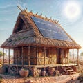 Blue Solar Panels: Rustic Thatched Roof House, generative ai