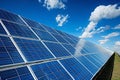 Blue Solar Panels Under Bright Sunlight and Clear Blue Sky Royalty Free Stock Photo