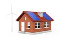 Blue Solar Panels and Windmill with Home Building. 3d Rendering