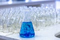 Blue solution methylene blue in erlenmeyer, experiments in chemistry laboratory