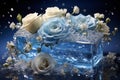 Blue spa and cosmetics display podium with elegant water texture and floating flowers