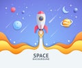 Blue space galaxy with cartoon rocket leaving white trail vector illustration Royalty Free Stock Photo