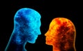 Blue space man and orange space woman look at each other on a black background