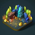 blue sparkles and yellow flames green rocks and brown stones, isometric low poly view AI generation Royalty Free Stock Photo