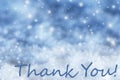 Blue Sparkling Christmas Background, Snow, Text Thank You