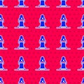 Blue Speaker icon isolated seamless pattern on red background. Orator speaking from tribune. Public speech. Person on Royalty Free Stock Photo