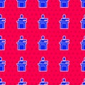 Blue Speaker icon isolated seamless pattern on red background. Orator speaking from tribune. Public speech. Person on Royalty Free Stock Photo