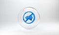 Blue Speaker mute icon isolated on grey background. No sound icon. Volume Off symbol. Glass circle button. 3D render Royalty Free Stock Photo