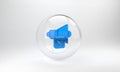 Blue Speaker mute icon isolated on grey background. No sound icon. Volume Off symbol. Glass circle button. 3D render Royalty Free Stock Photo