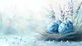 Blue speckled easter eggs in a nest with lavender on soft blue background Royalty Free Stock Photo