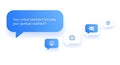 Blue speech bubble with text and icons on white background chat message Royalty Free Stock Photo