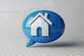 Blue Speech Bubble with White House Icon on Transparent Grid Background Royalty Free Stock Photo