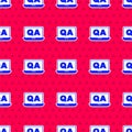 Blue Speech bubbles with Question and Answer icon isolated seamless pattern on red background. Q and A symbol. FAQ sign Royalty Free Stock Photo