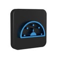 Blue Speedometer icon isolated on transparent background. Black square button.