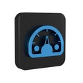 Blue Speedometer icon isolated on transparent background. Black square button.