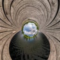 blue sphere little planet inside transformation of wooden pier and lake Royalty Free Stock Photo