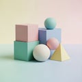 Blue sphere rests on the blue cube, alongside a white sphere, a pink Royalty Free Stock Photo