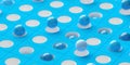 Blue spheres in white adn blue grid background with holes, abstract business or data concept, selective focus