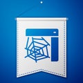 Blue Spider web icon isolated on blue background. Cobweb sign. Happy Halloween party. White pennant template. Vector Royalty Free Stock Photo