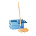 Blue spin mop with bucket on white background.