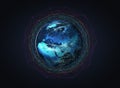 Blue spinning planet Earth with a different colored communication and satellite network around it