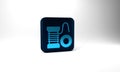 Blue Spinning reel for fishing icon isolated on grey background. Fishing coil. Fishing tackle. Blue square button. 3d