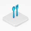 Blue spoon and fork icon. 3d rendering square button key isometric view, interface ui ux element