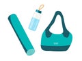 Blue Sport Bag, bottle of water, yoga mat isolated on white background. Fitness accessories. Flat vector illustration In