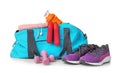 Sports bag and gym equipment on white background Royalty Free Stock Photo