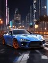 Blue Sports Car in the City Night