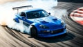 A blue sports car drift on the track. Generative AI. Royalty Free Stock Photo
